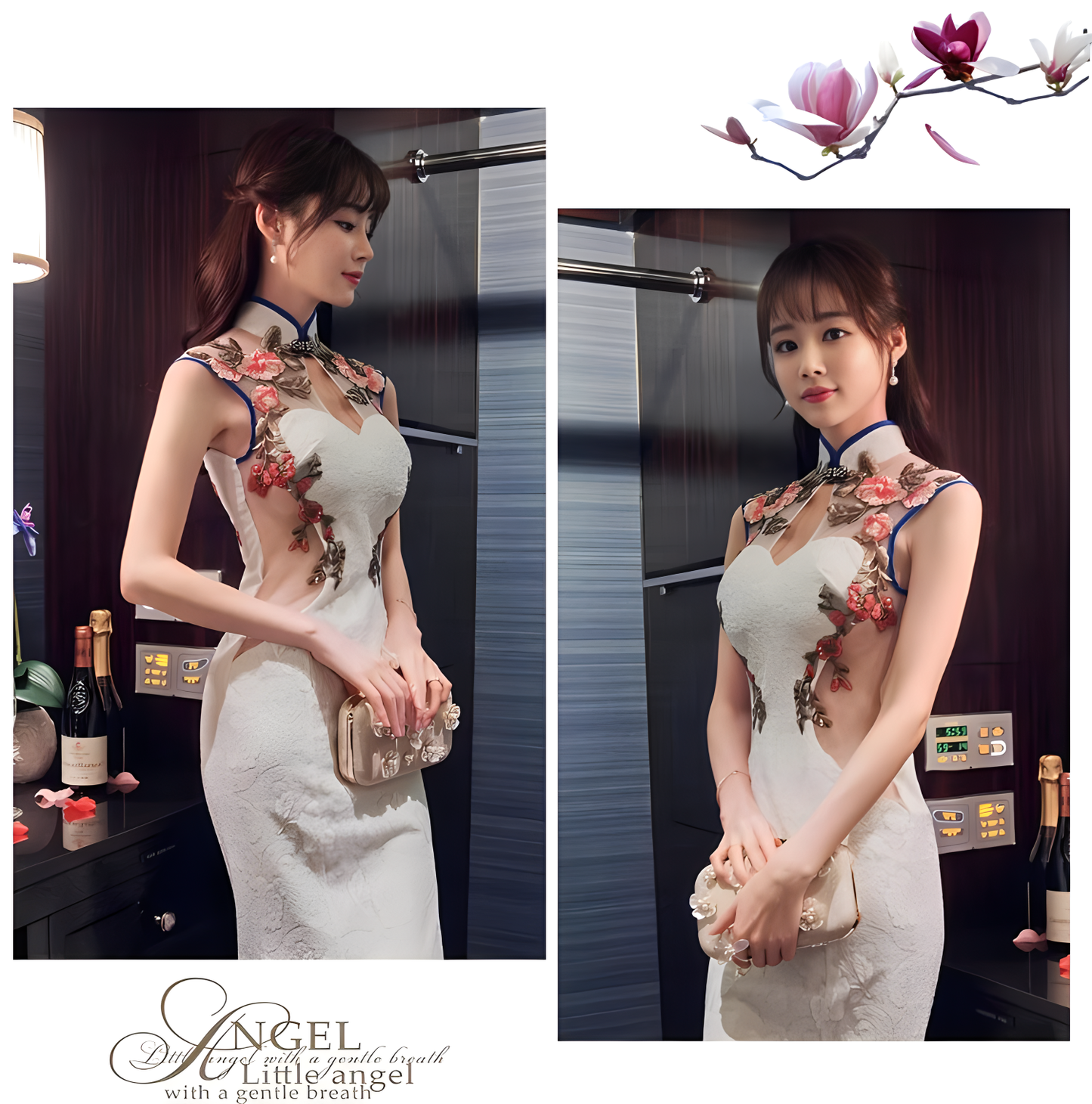 White cheongsam dress. Traditional Chinese Qipao.