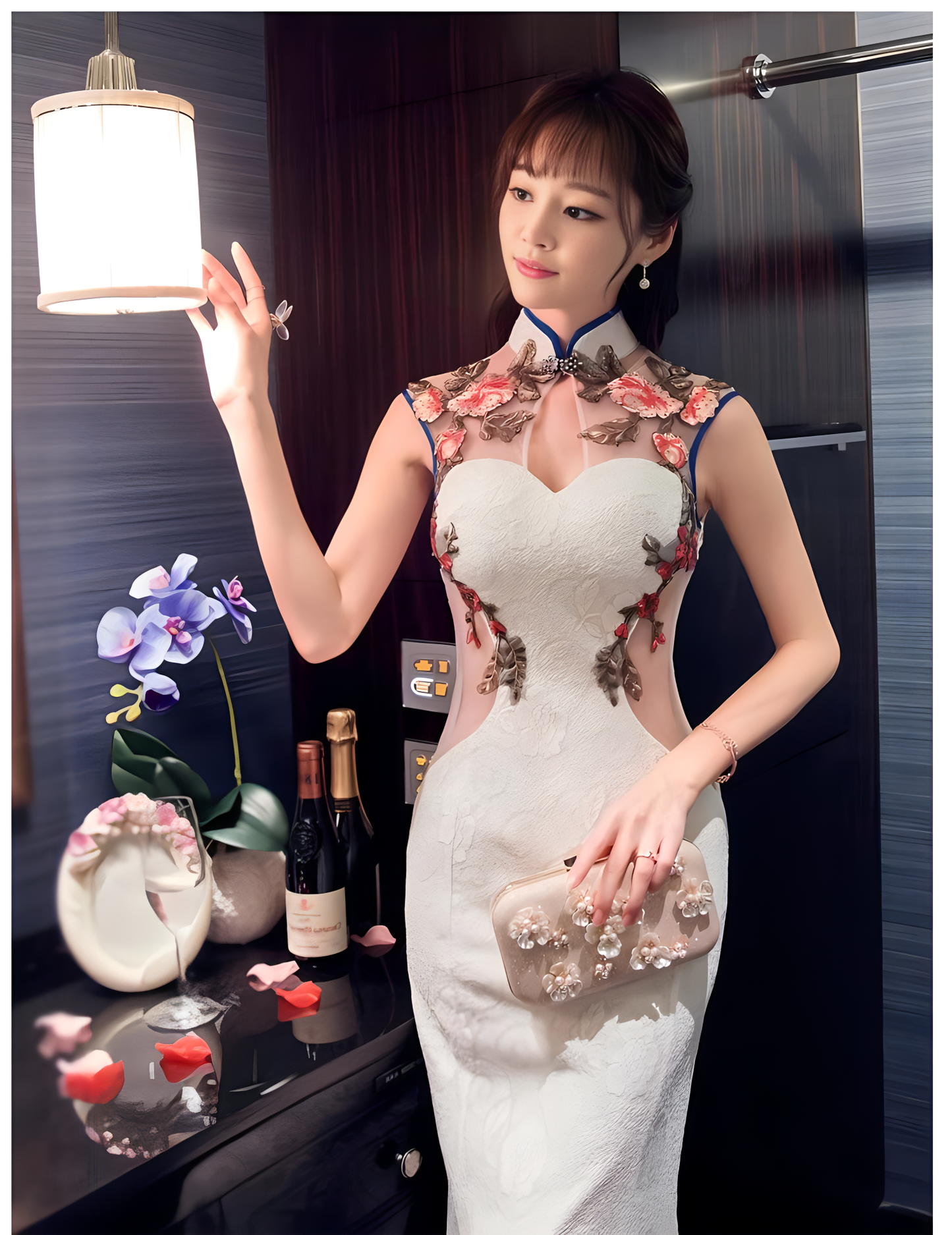 White cheongsam dress. Traditional Chinese Qipao.