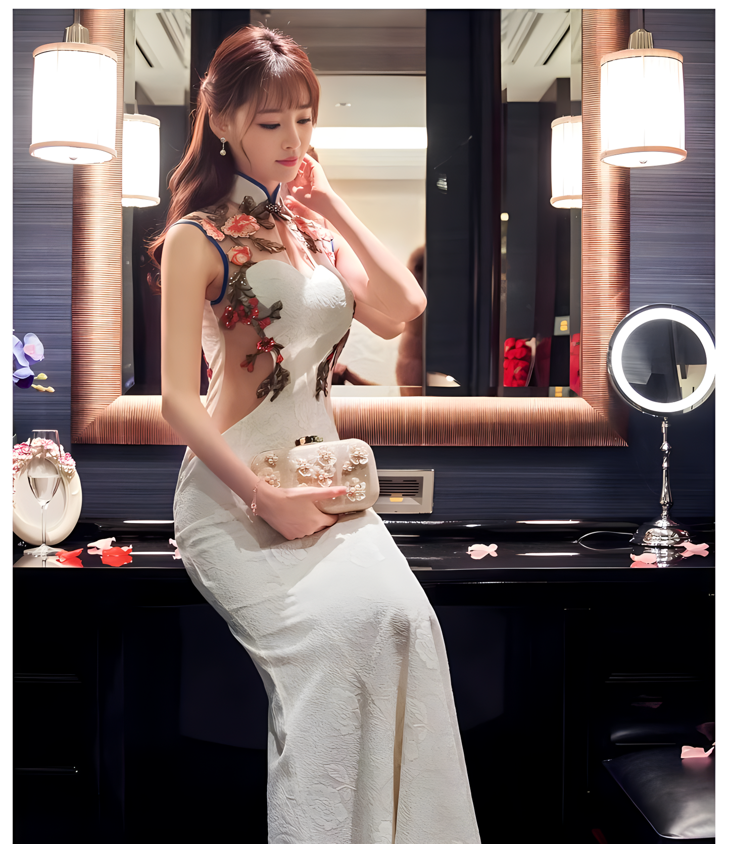 White cheongsam dress. Traditional Chinese Qipao.