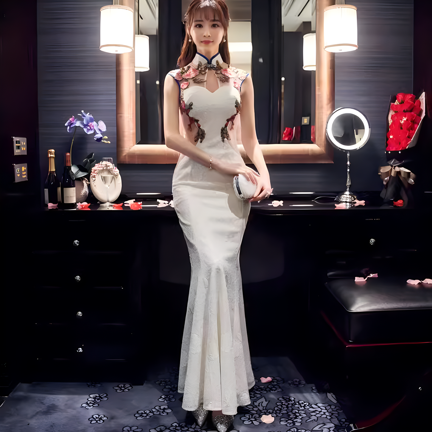 White cheongsam dress. Traditional Chinese Qipao.