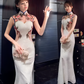 White cheongsam dress. Traditional Chinese Qipao.