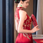 Red sleeveless cheongsam. Bridal Qipao dress. Chinese wedding dress.