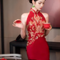 Red sleeveless cheongsam. Bridal Qipao dress. Chinese wedding dress.