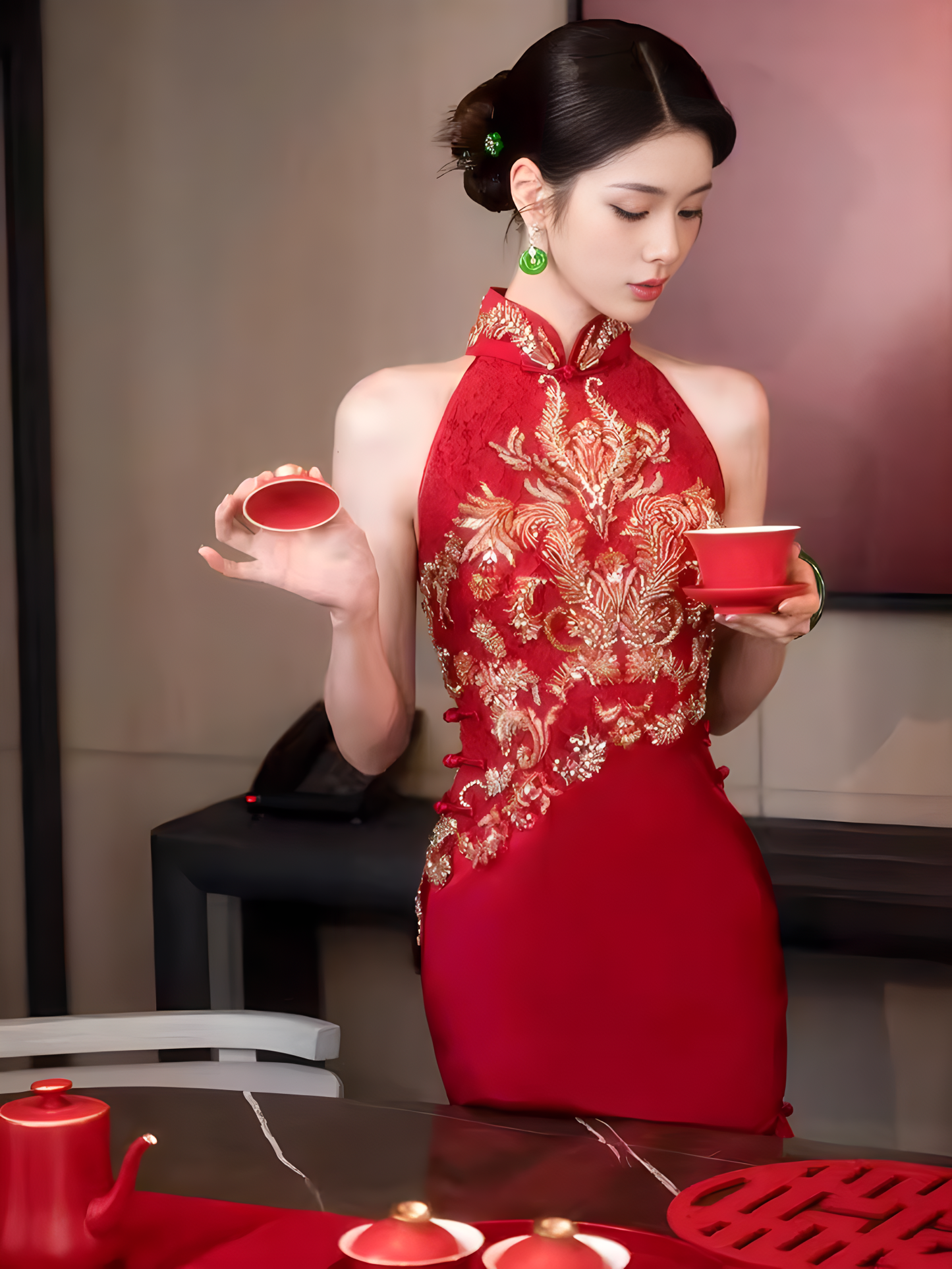 Red sleeveless cheongsam. Bridal Qipao dress. Chinese wedding dress.