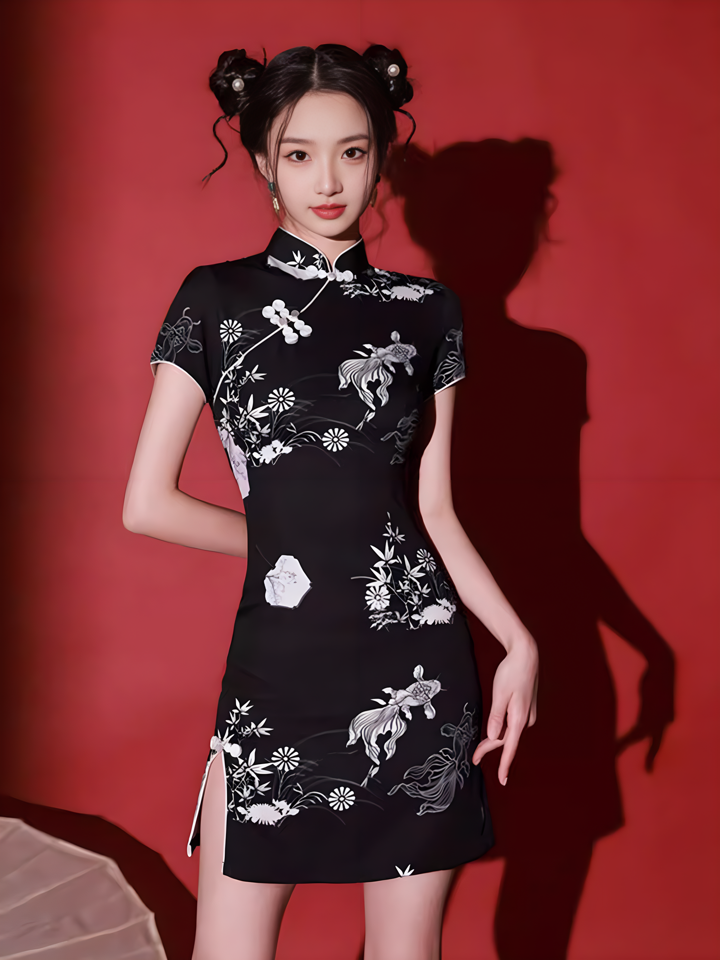 Black cheongsam. Chinese cheongsam dress. Short cheongsam. Black skirt.