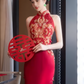 Red sleeveless cheongsam. Bridal Qipao dress. Chinese wedding dress.