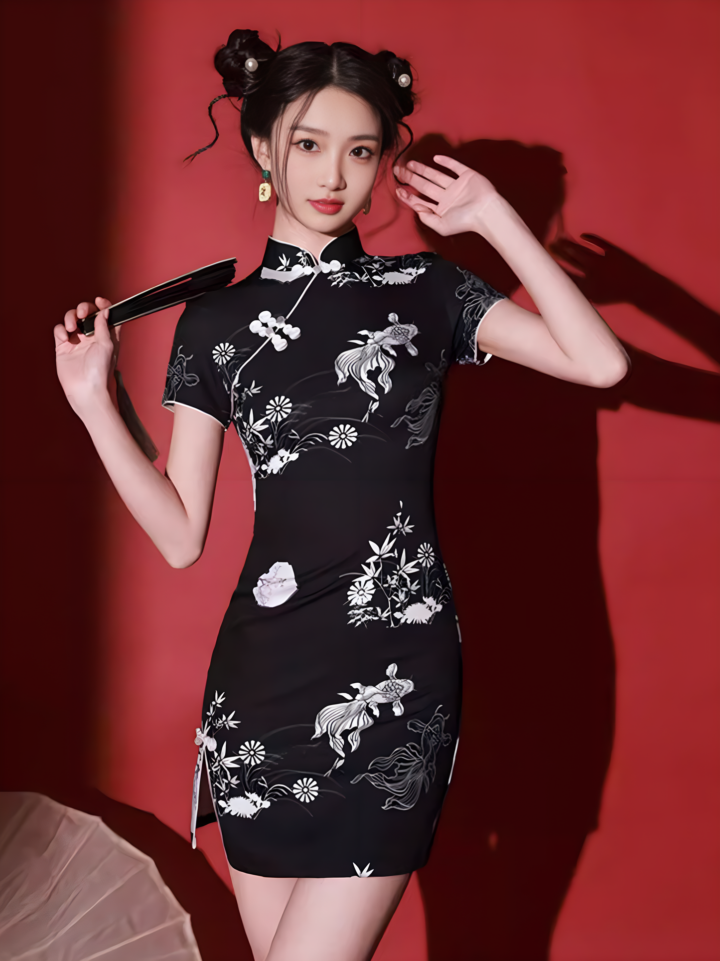 Black cheongsam. Chinese cheongsam dress. Short cheongsam. Black skirt.