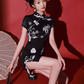 Black cheongsam. Chinese cheongsam dress. Short cheongsam. Black skirt.