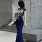 Blue embroidered cheongsam. Elegant ball gown.