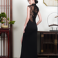 Black openback cheongsam dress.