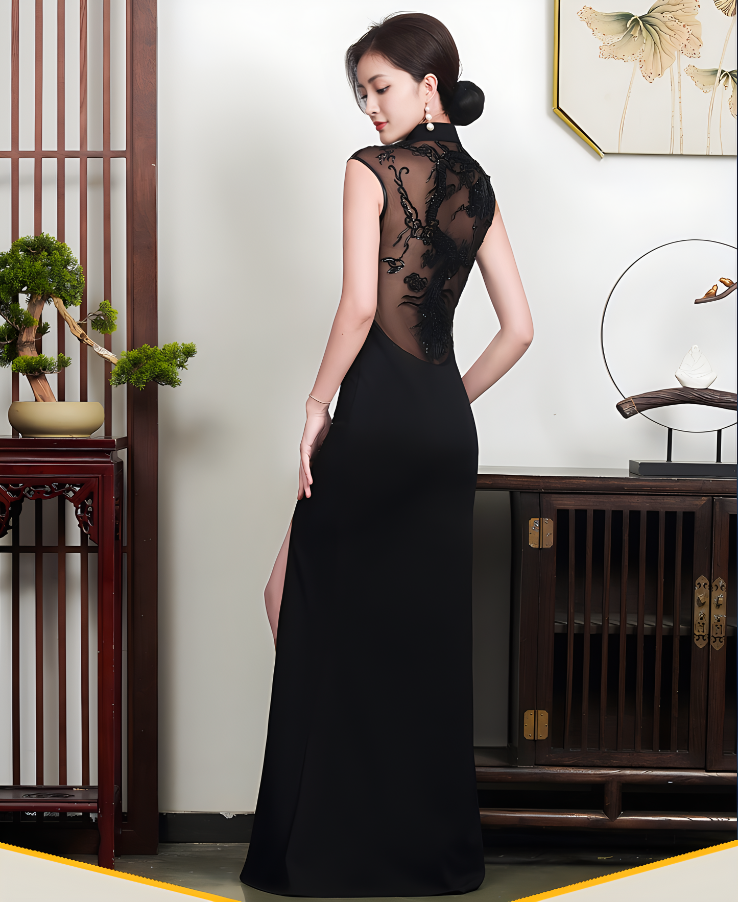 Black openback cheongsam dress.