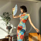 Floral cheongsam. Long skirt with short sleeves.