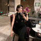 Black cheongsam dress. Lace dress. Sleeveless evening gown.