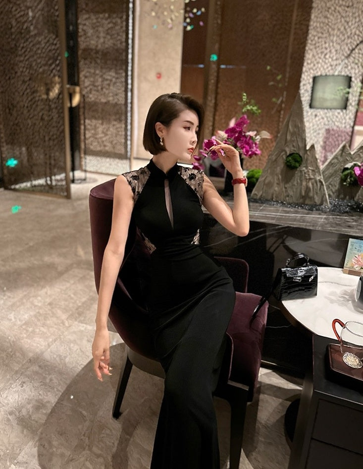 Black cheongsam dress. Lace dress. Sleeveless evening gown.