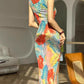 Floral cheongsam. Long skirt with short sleeves.