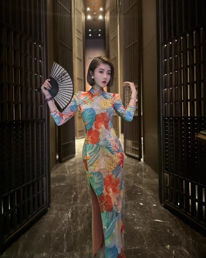 Floral cheongsam. Long sleeve maxi dress.