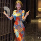 Floral cheongsam. Long sleeve maxi dress.