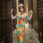 Floral cheongsam. Long sleeve maxi dress.