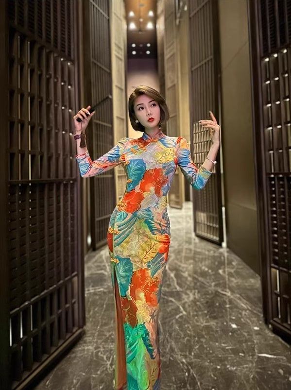 Floral cheongsam. Long sleeve maxi dress.