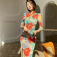 Floral cheongsam. Long sleeve maxi dress.