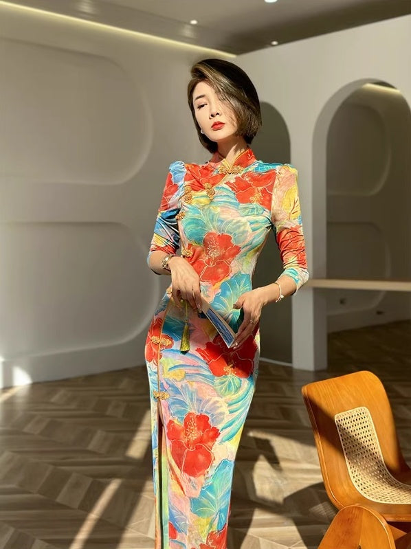 Floral cheongsam. Long sleeve maxi dress.