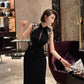 Black cheongsam dress. Lace dress. Sleeveless evening gown.