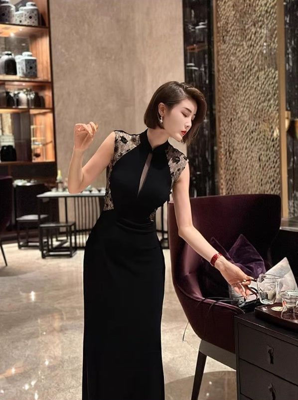 Black cheongsam dress. Lace dress. Sleeveless evening gown.