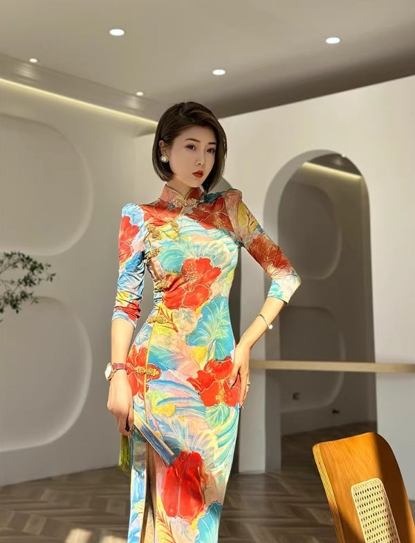 Floral cheongsam. Long sleeve maxi dress.