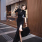 Black cheongsam. Chinese style long skirt. Chinese dress.