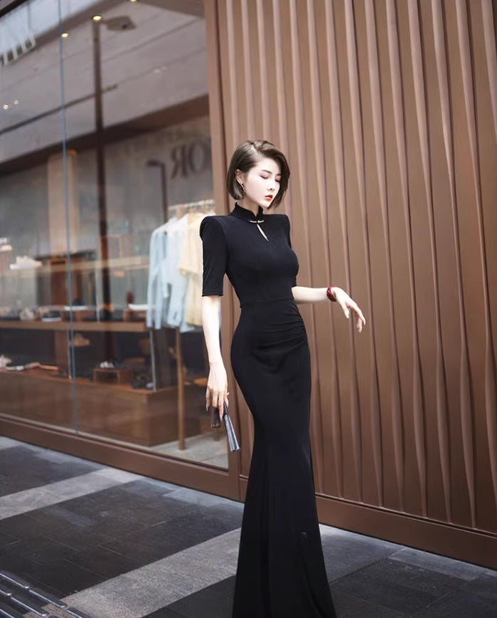 Black cheongsam. Chinese style long skirt. Chinese dress.