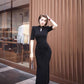 Black cheongsam. Chinese style long skirt. Chinese dress.