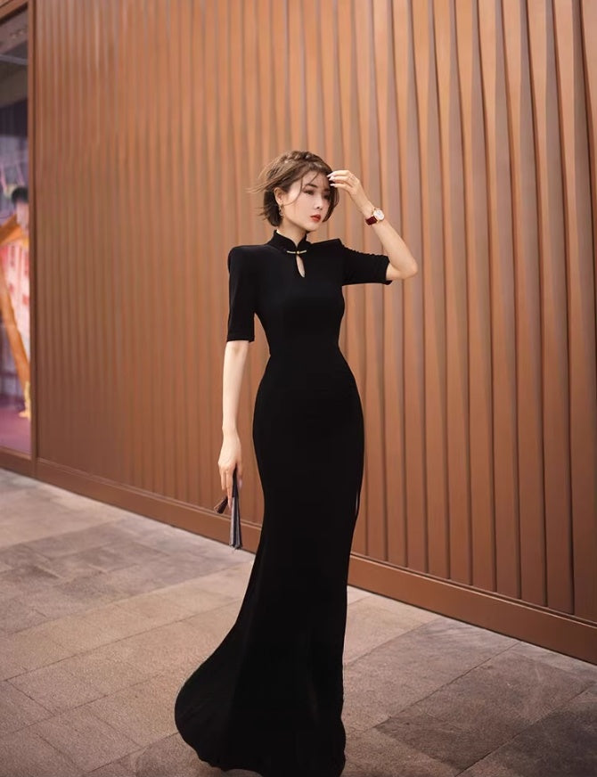 Black cheongsam. Chinese style long skirt. Chinese dress.