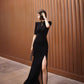 Black cheongsam. Chinese style long skirt. Chinese dress.