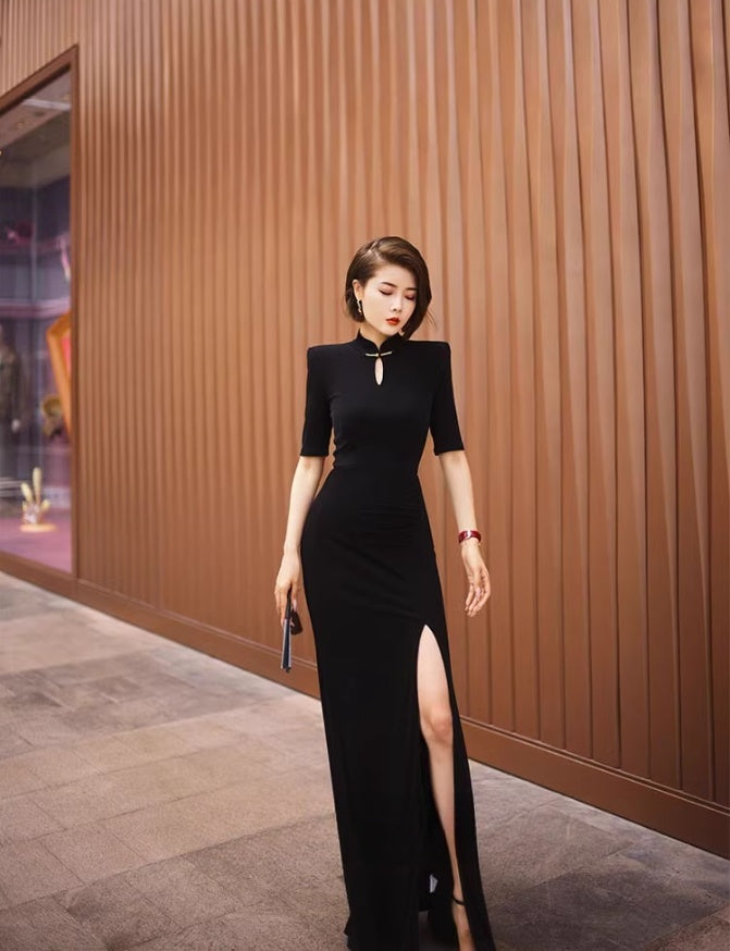 Black cheongsam. Chinese style long skirt. Chinese dress.