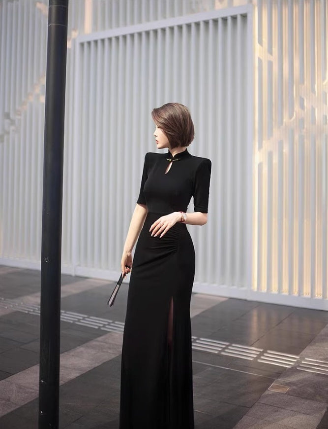 Black cheongsam. Chinese style long skirt. Chinese dress.