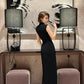 Black cheongsam dress. Lace dress. Sleeveless evening gown.