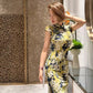 Yellow cheongsam. Floral short-sleeved cheongsam.