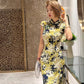 Yellow cheongsam. Floral short-sleeved cheongsam.