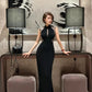 Black cheongsam dress. Lace dress. Sleeveless evening gown.