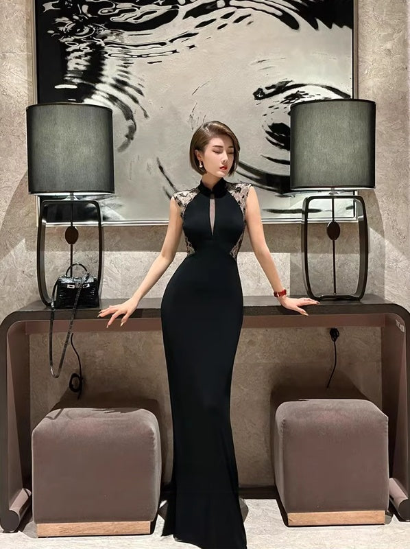 Black cheongsam dress. Lace dress. Sleeveless evening gown.