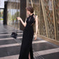 Black cheongsam dress. Lace dress. Sleeveless evening gown.