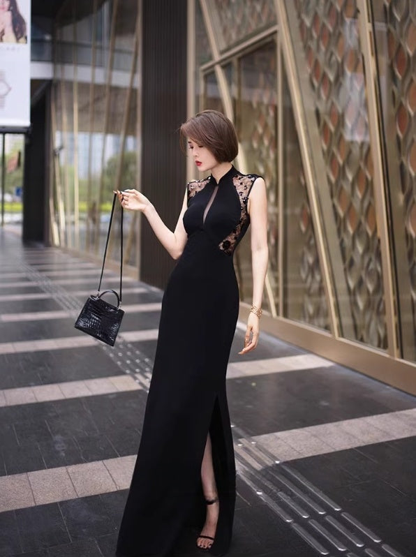 Black cheongsam dress. Lace dress. Sleeveless evening gown.