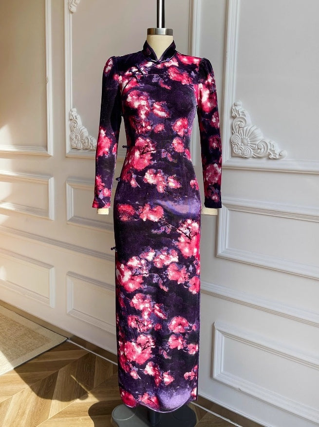 Black floral cheongsam. Long sleeve gown.