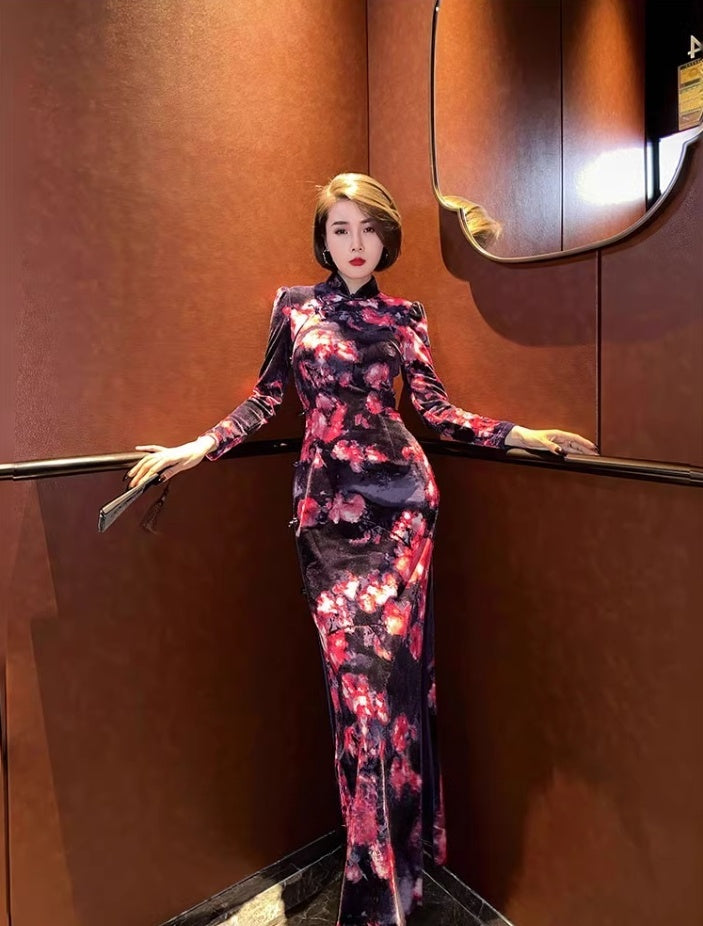 Black floral cheongsam. Long sleeve gown.