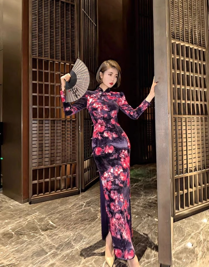 Black floral cheongsam. Long sleeve gown.