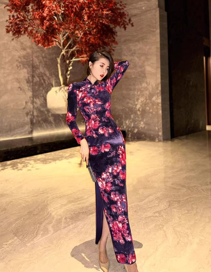 Black floral cheongsam. Long sleeve gown.