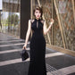 Black cheongsam dress. Lace dress. Sleeveless evening gown.