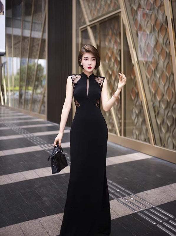 Black cheongsam dress. Lace dress. Sleeveless evening gown.