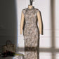 Gray floral cheongsam. Sleeveless gown. Chinese robe.