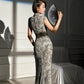 Gray floral cheongsam. Sleeveless gown. Chinese robe.